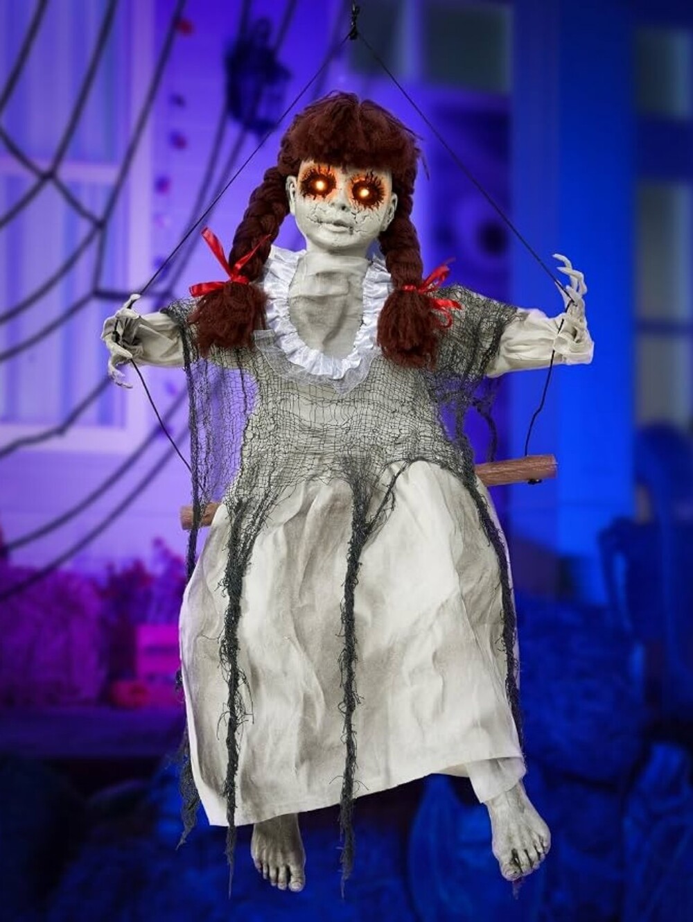 EUC LED Animated Halloween Red Haired Scary Swinging Haunted Zombie Girl!